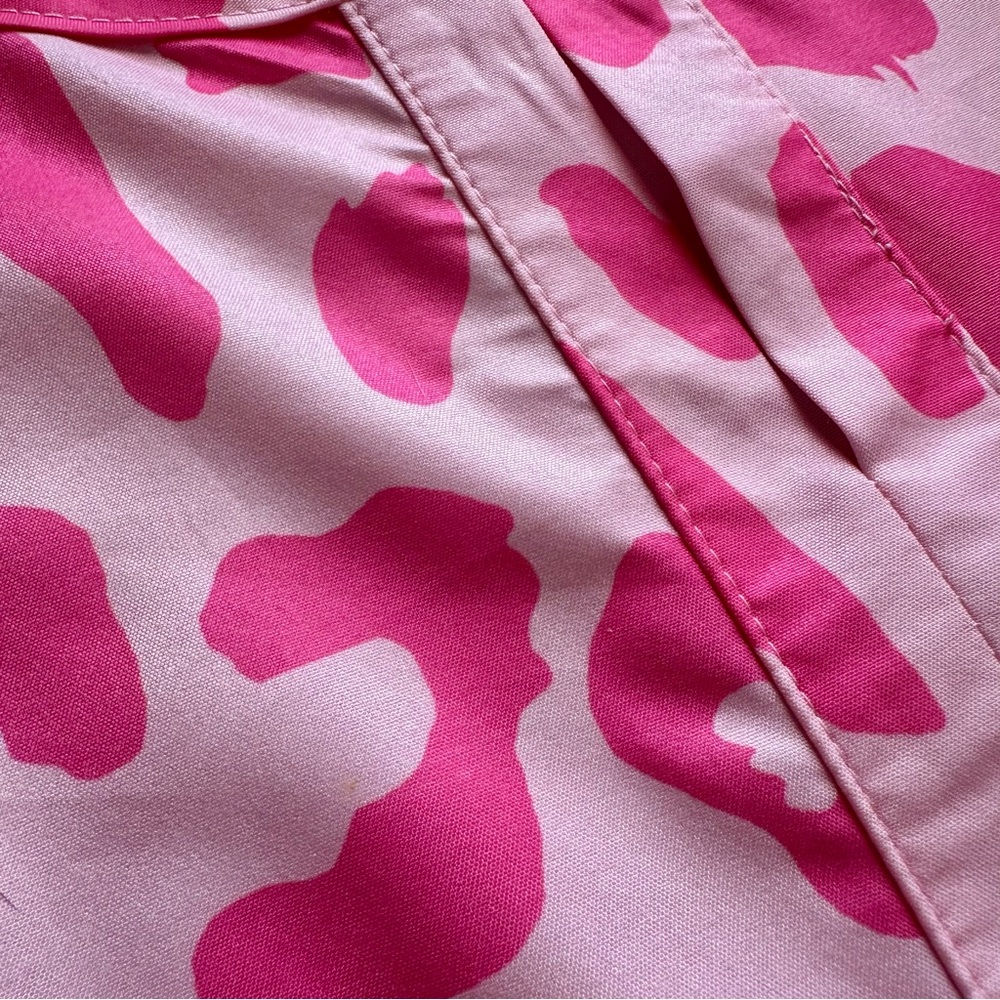 Pink Leopard Print V-neck Bubble Sleeve Smocked Blouse Top Silk Boutique Ruffle - Picture 8 of 12